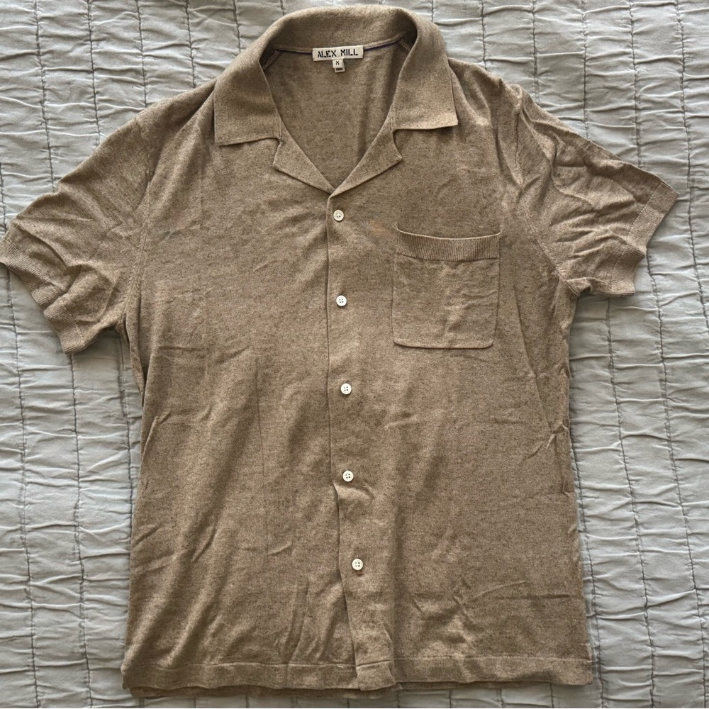 Alex Mill Men's Tan Knit Short Sleeve Shirt - Hemp/Cotton - M